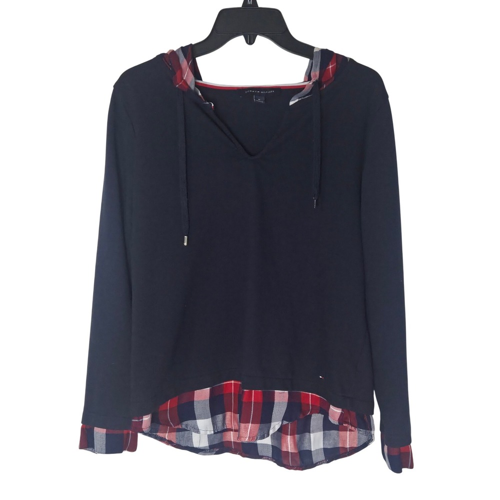 Tommy Hilfiger Womens Navy Blue Plaid Mixed Media Layered Hoodie V-Neck Size M